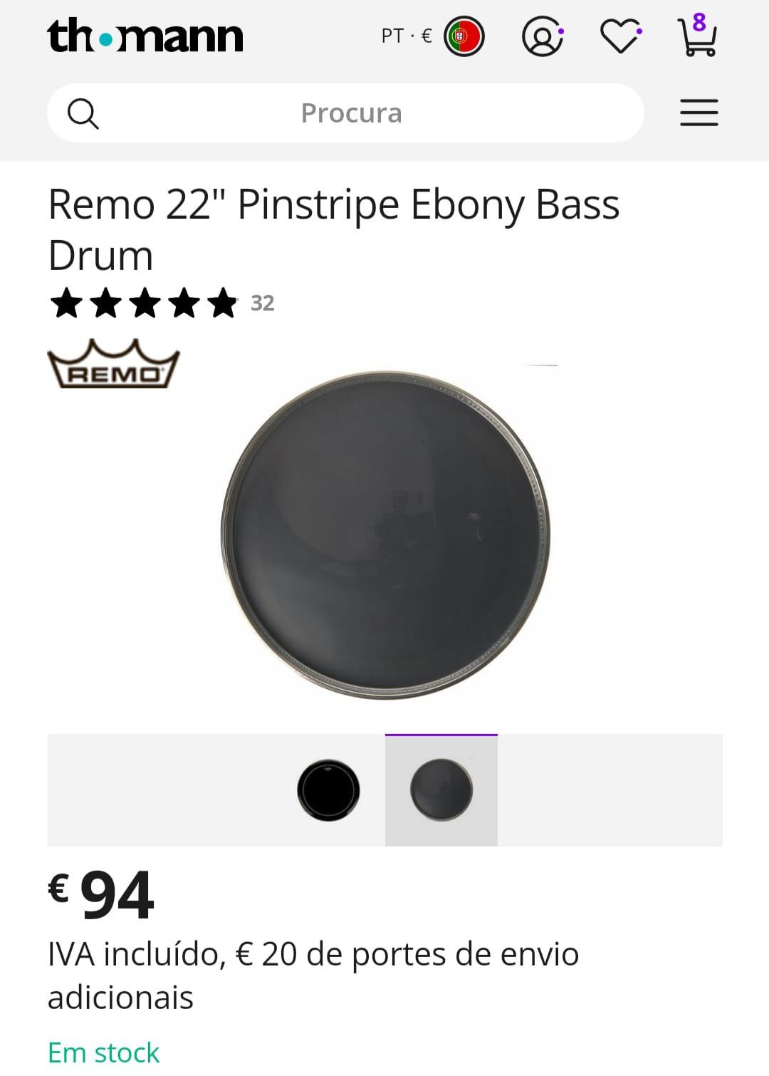 Bombo acústico com pele de bateria REMO 22" Pinstripe (Ebony series)