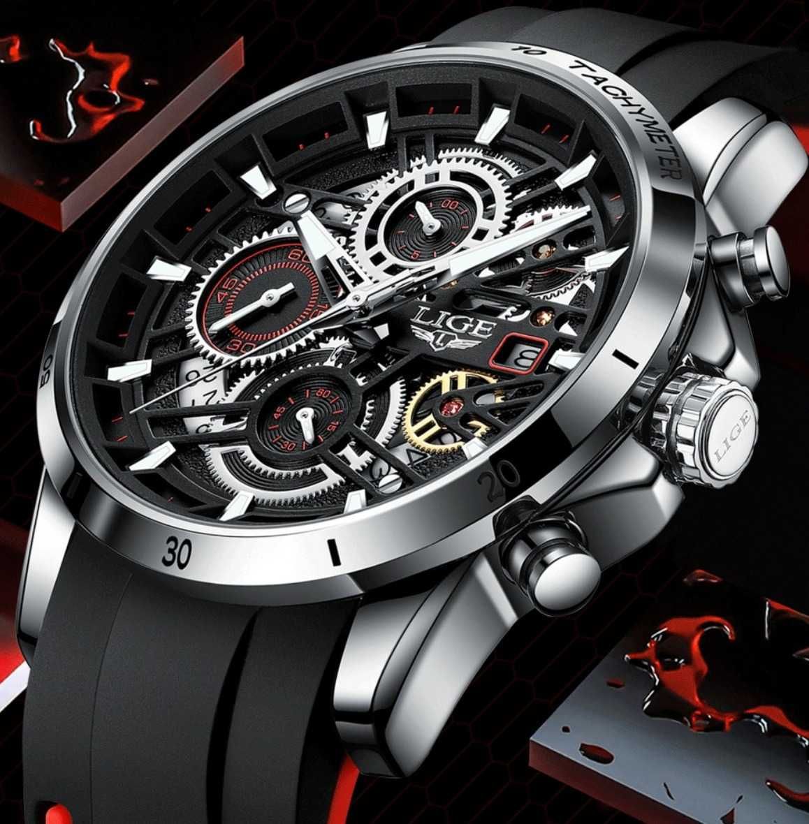 Relógio Luxo Masculino LIGE bracelete silicone vermelho e preto (Novo)