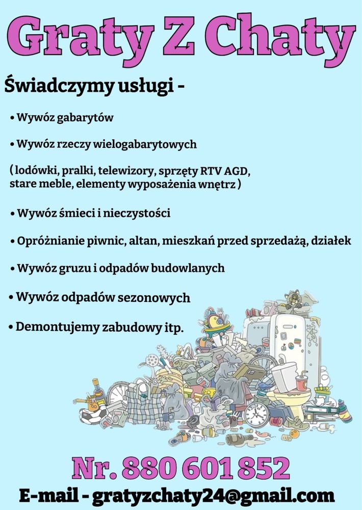 Wywóz gabarytów , gratów , mebli , śmieci , gruzu , demontaż