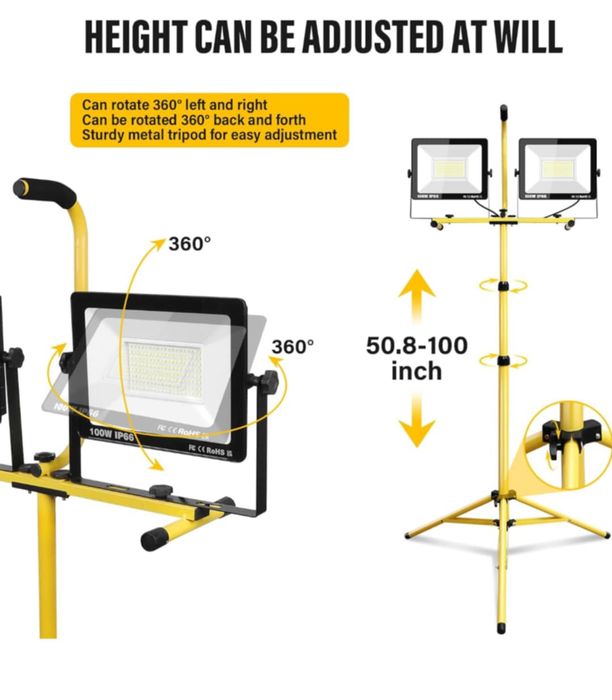 Zestaw 2 szt Reflektor roboczy LED RIGIDON 200 W ze statywem, 20000 lm