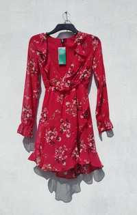 Яркое красное платье с рюшами цветочный принт H&M XXS