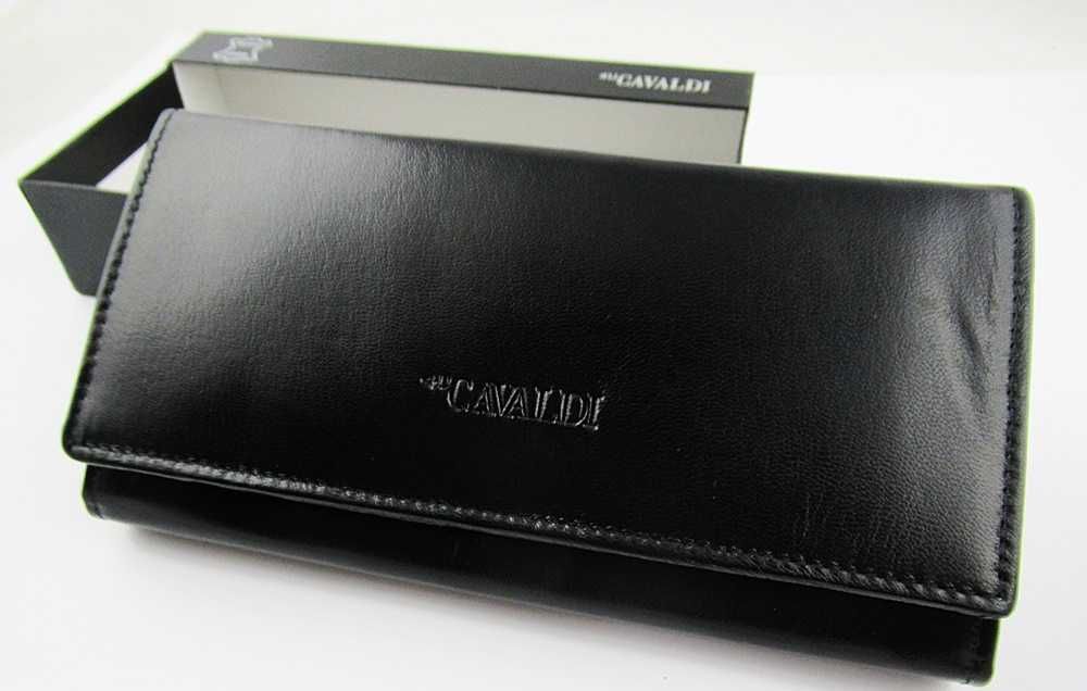 Duży damski portfel czarny skóra naturalna Cavaldi RFID zatrzask PO59