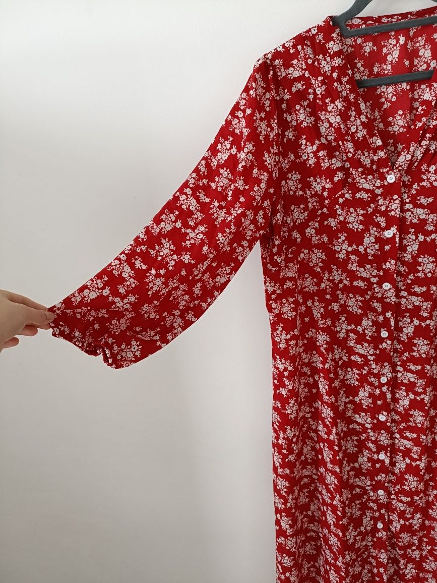 Długa czerwona sukienka w białe kwiaty XL plus size