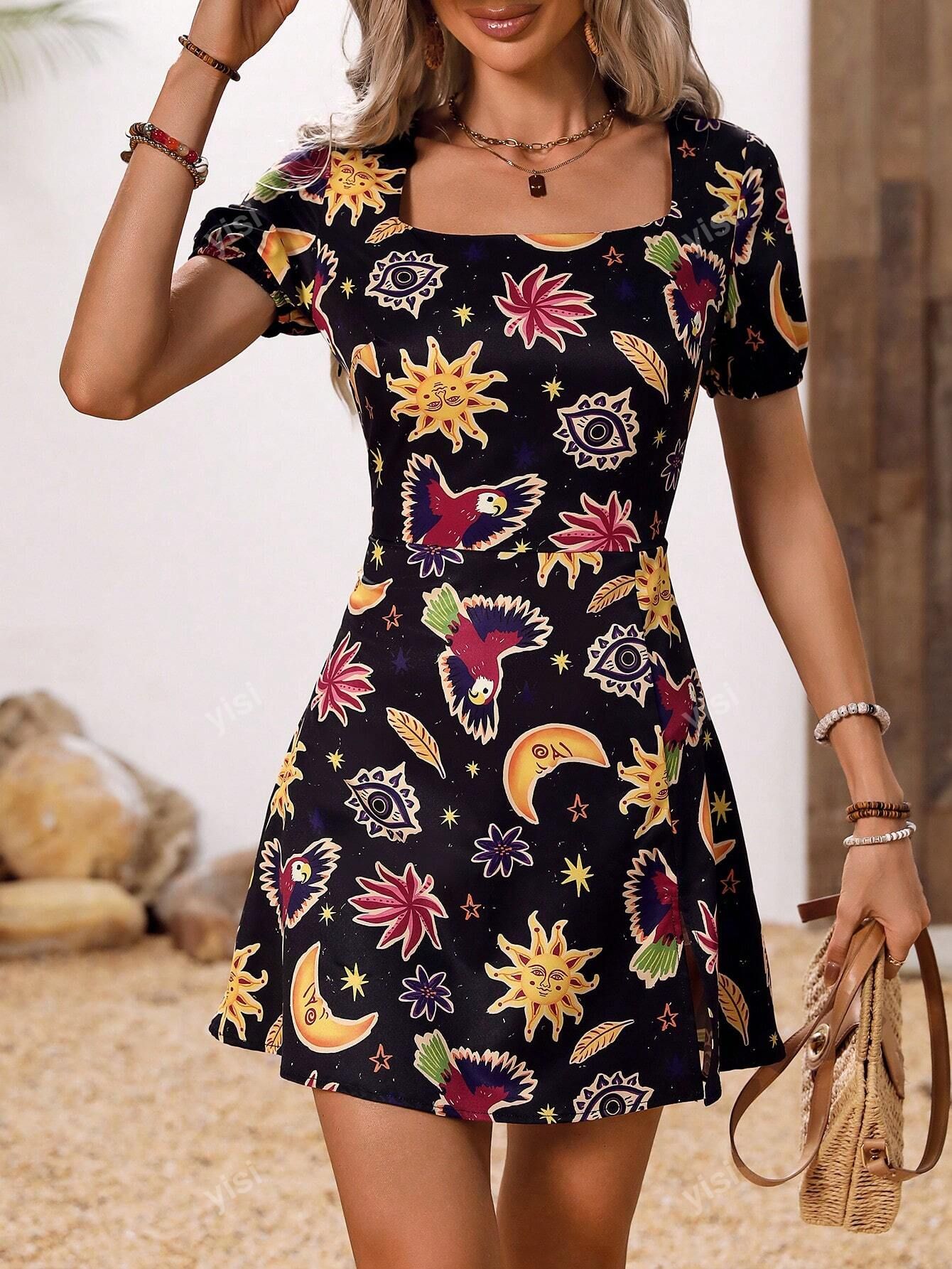 Sukienka Boho Wzorzysta Mini Z Kwadratowym Dekoltem Casual Shein S 36