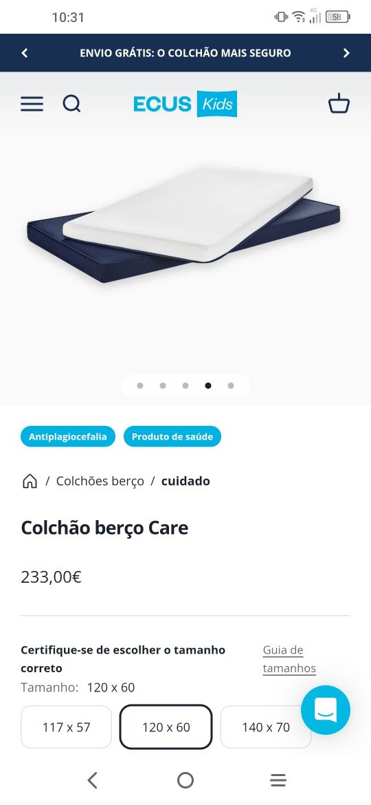 Colchão berço ECUS Care 140 x 70