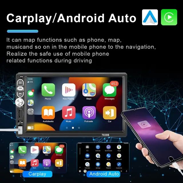 Radio 1din Android Auto e CARPLAY Bluetooth 7" + MIC NOVO
