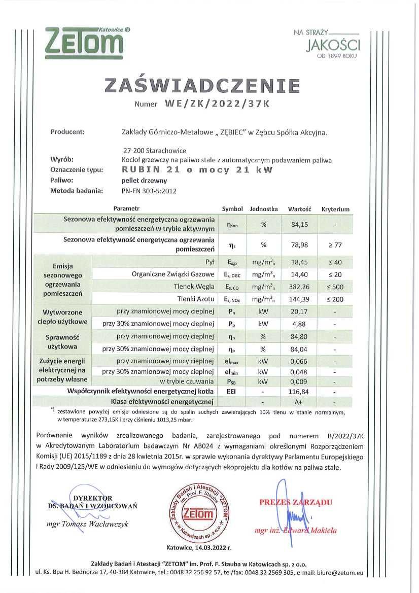 Kocioł, piec na pelet Zębiec RUBIN 21 kW - podajnik automatyczny