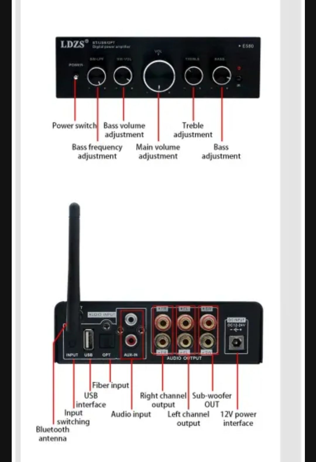 Amplificador LDZS E580 Bluetooth Canais de saida 2.1 com Comando