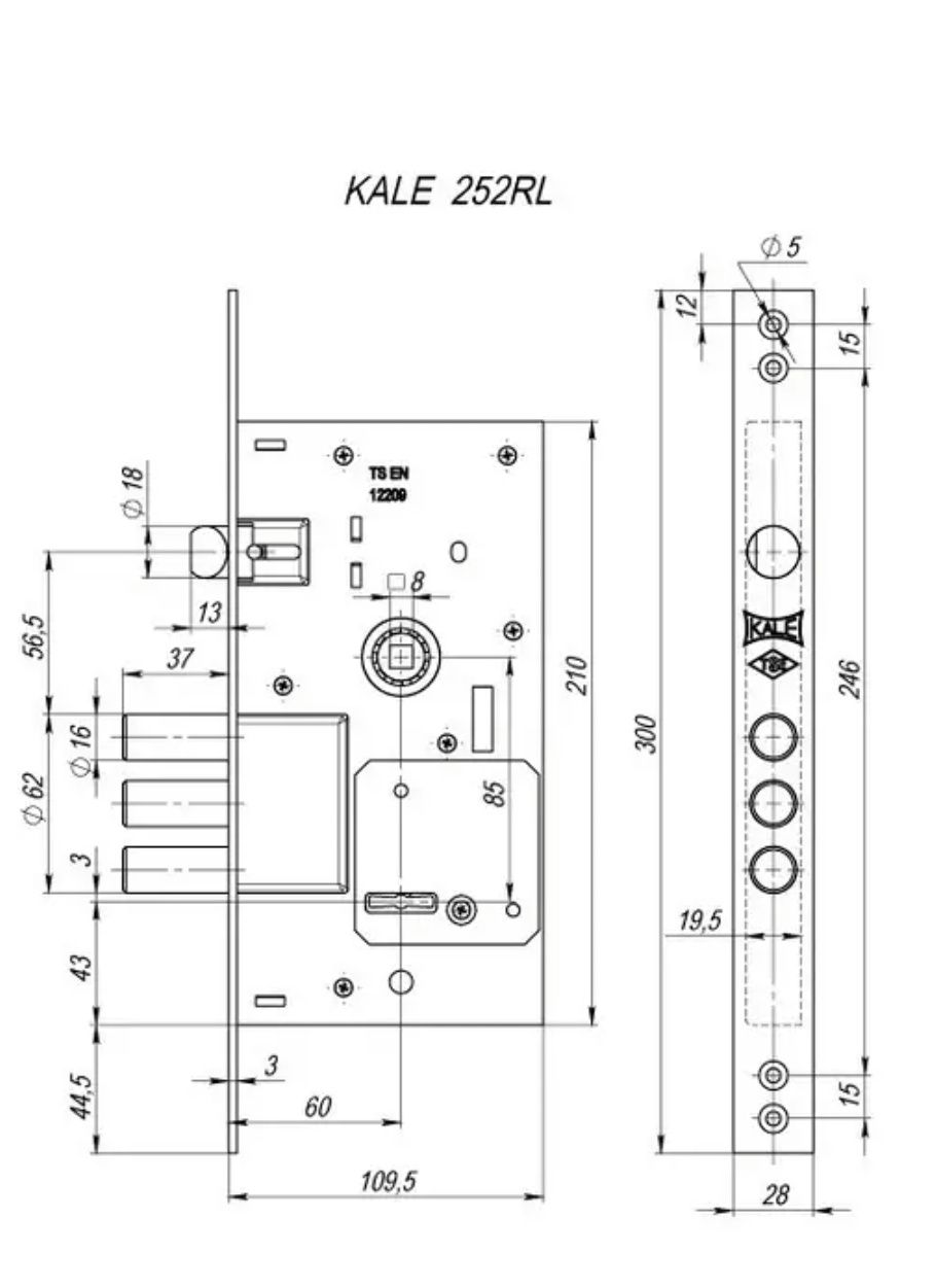 Замок врізний Kale 252 RL без накладок (Туреччина)