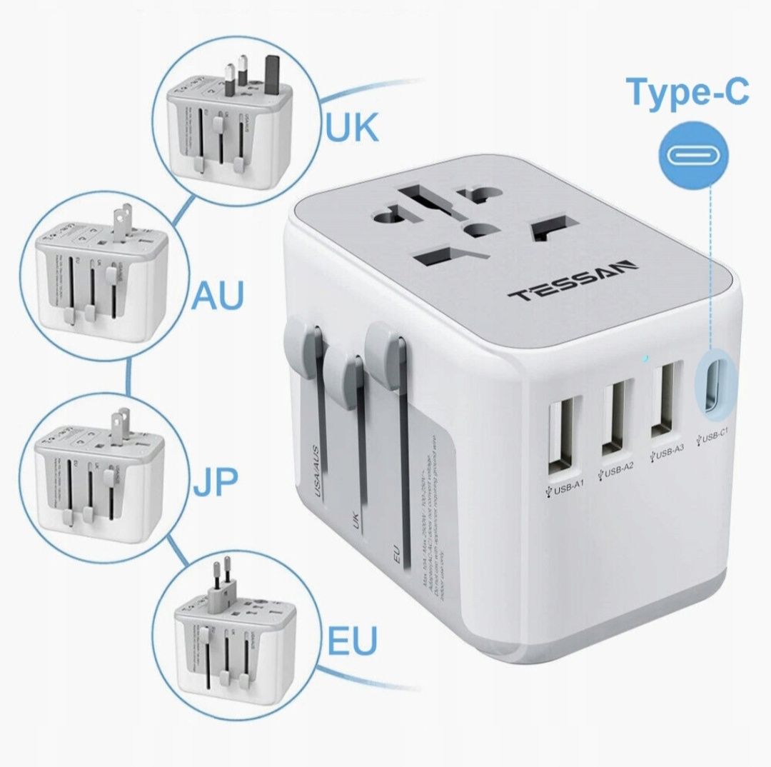 Adapter podróżny USA AUS UK EU 5V Tessan 633FC USB A USB C