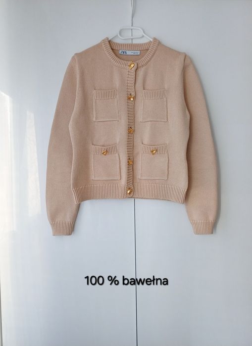 ZARA bawełniany kardigan ze złotymi guzikami sweter bawełna beż toffi