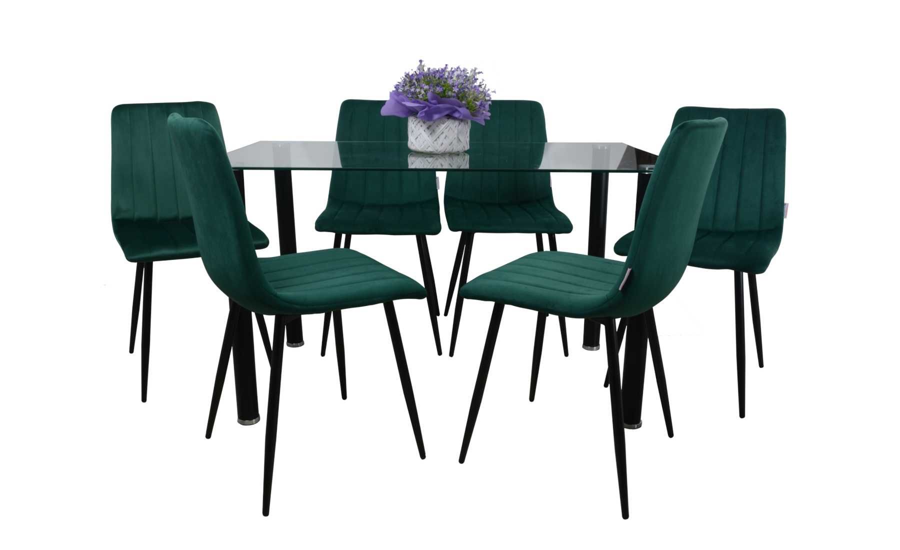 Stół przezroczysty wraz z 6 krzesłami w zieleni butelkowej nogi czarne