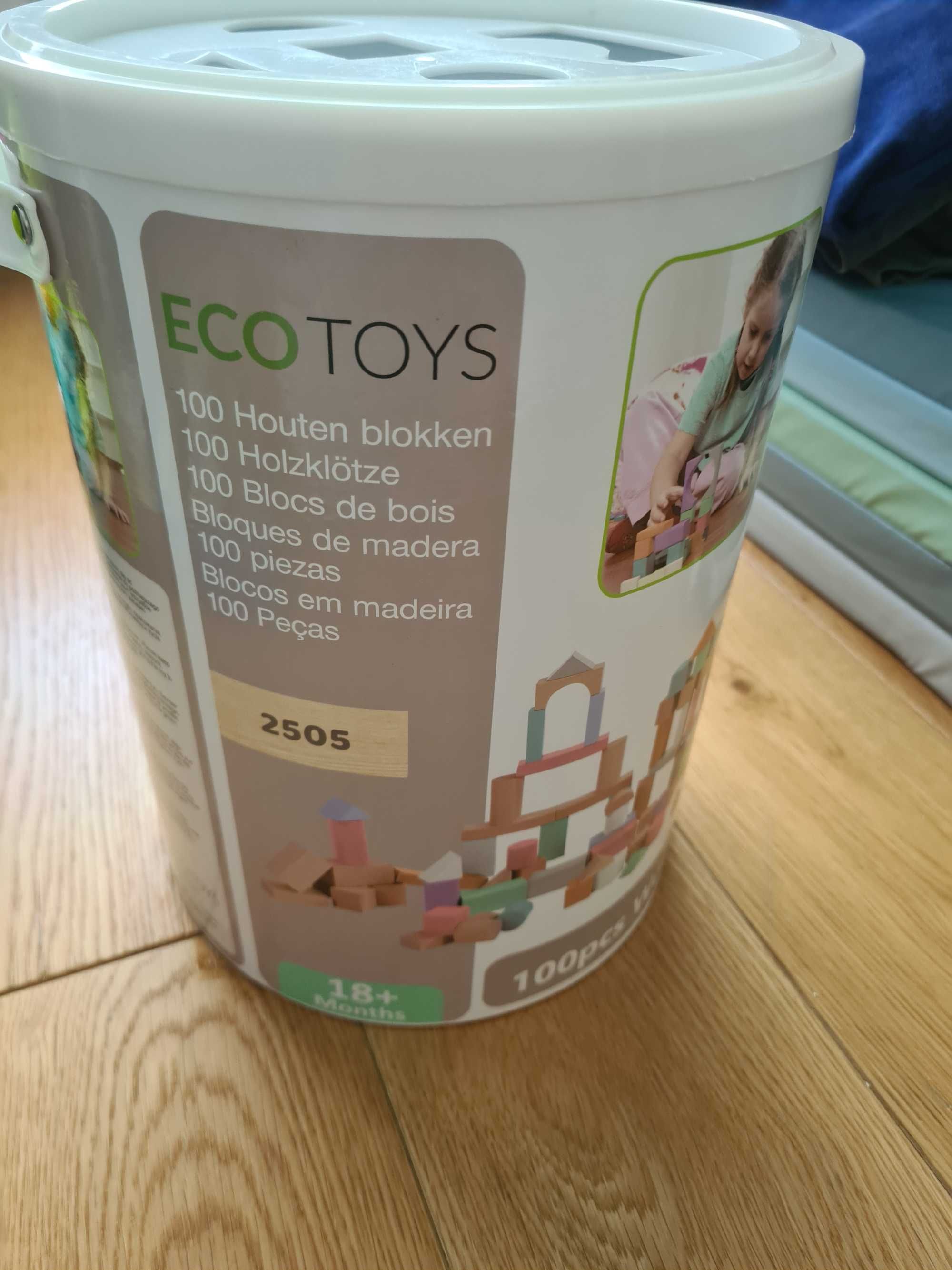 Ecotoys 100 drewnianych klocków z sorterem pastelowe