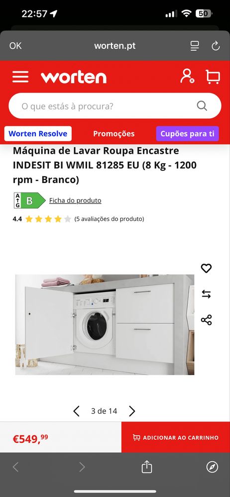 Máquina de Lavar Roupa Encastre Indesit 8kg
