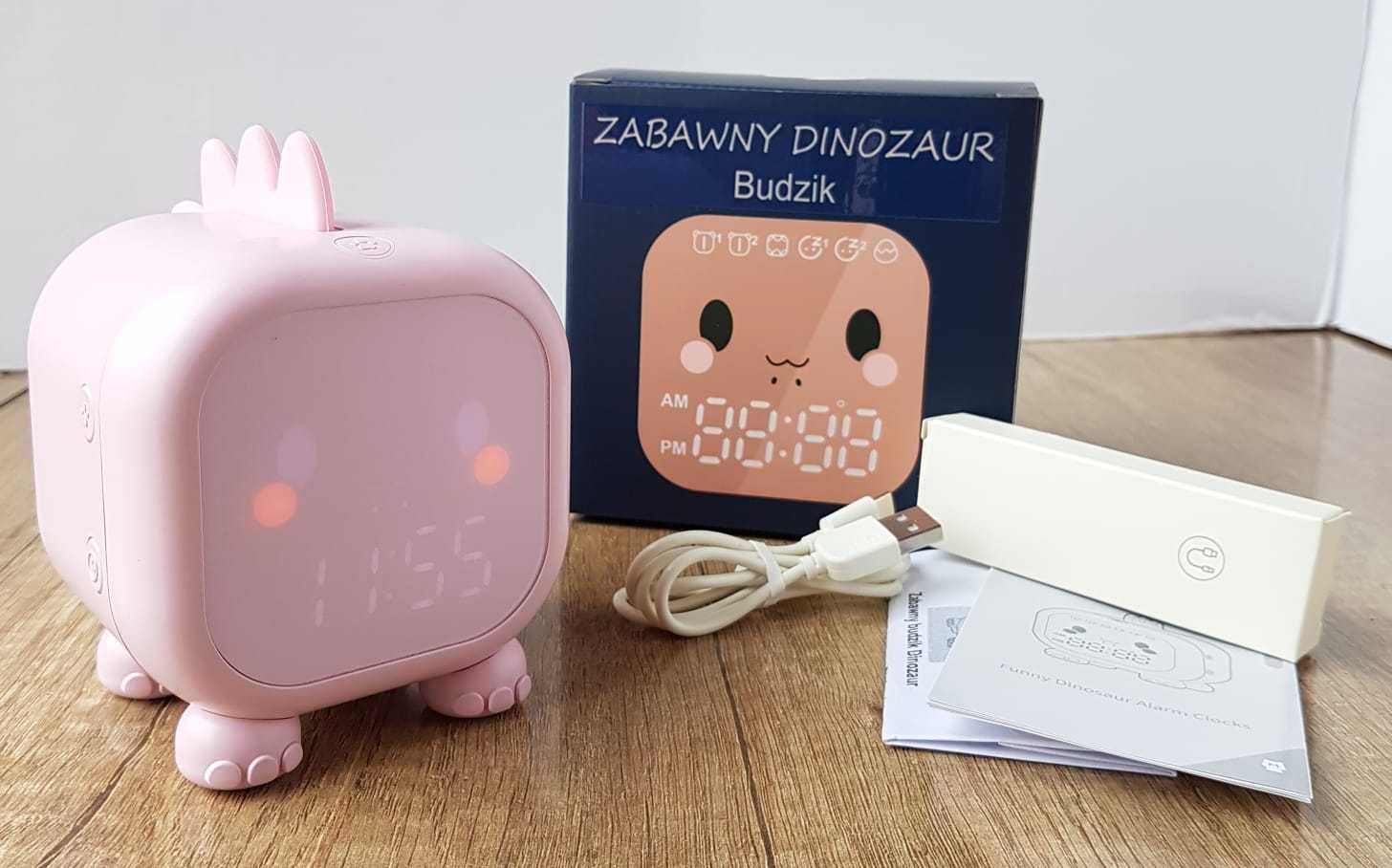 NOWY Budzik zegar dla dziecka interaktywny dinozaur lampka LED prezent