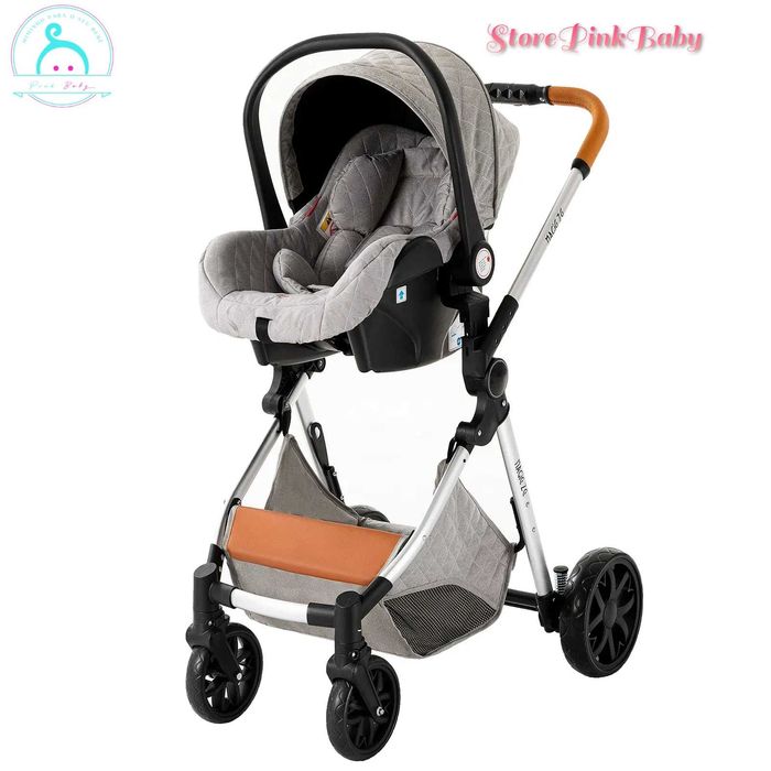 Carrinho bebé 3 em 1 PinkBaby Magic Gold - Base Isofix - Cinza Claro