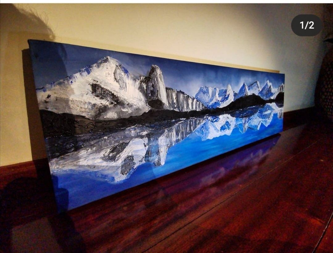 Quadro óleo pintura montanhas reflexo no lago