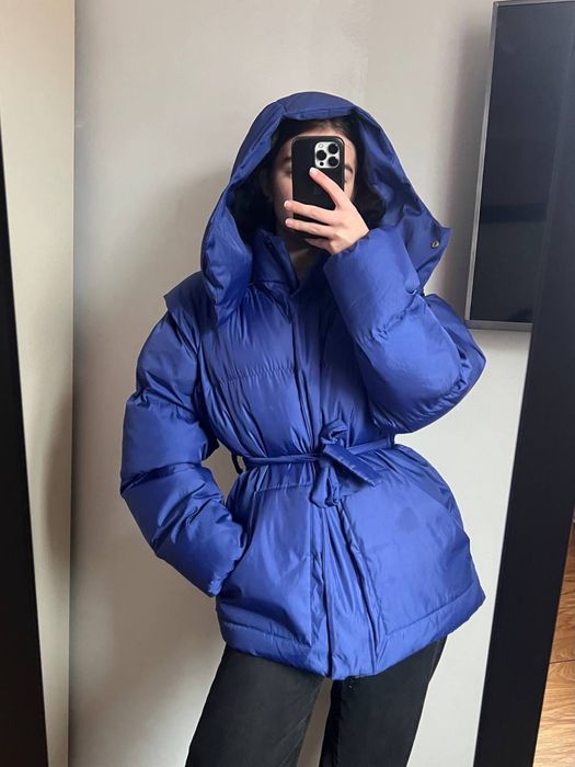 Сина дута пухова куртка пуфер | Пуховик трансформер куртка/безрукавка