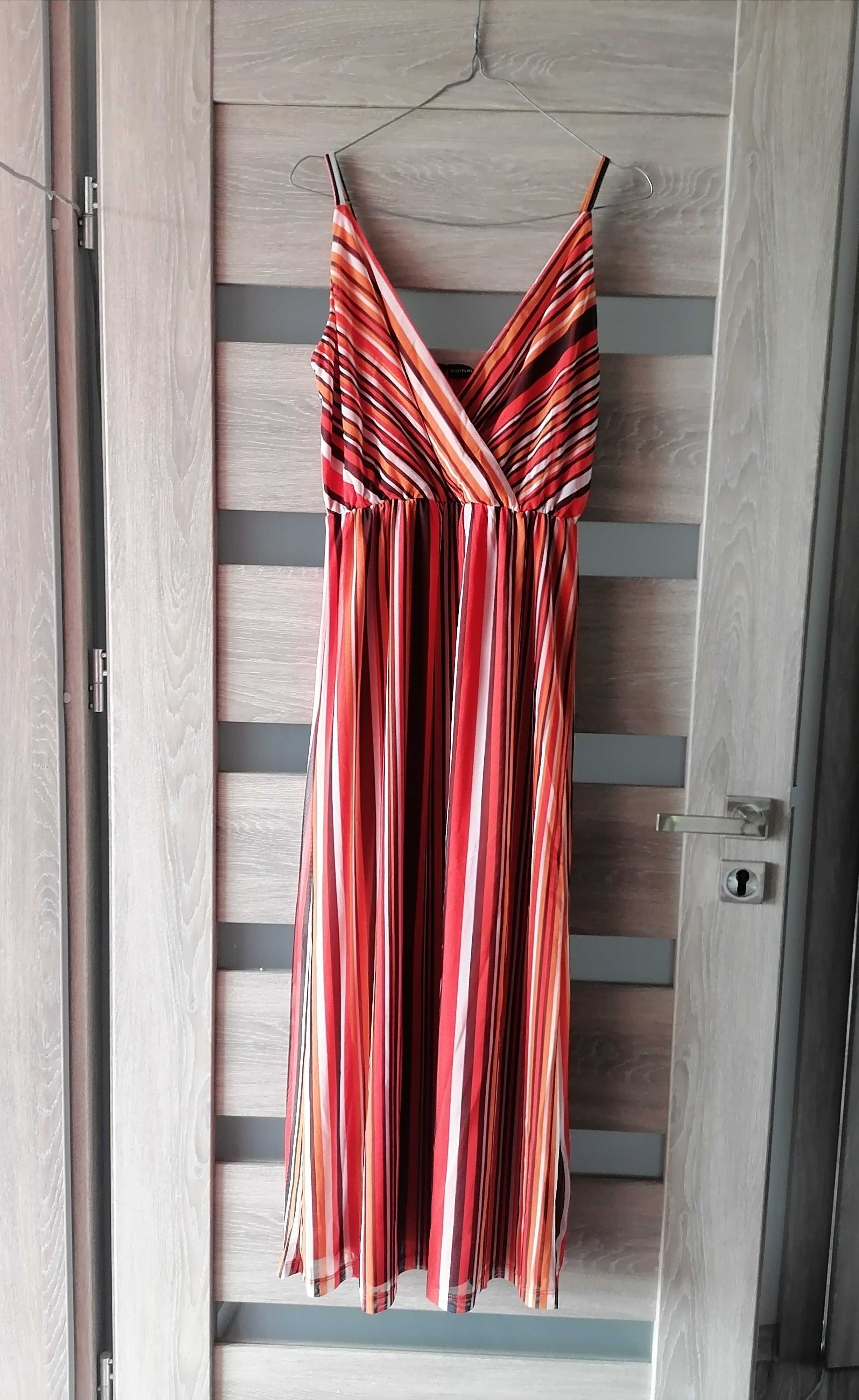 Nowa sukienka w paski maxi dekold kopertowy 32 34 kolorowa