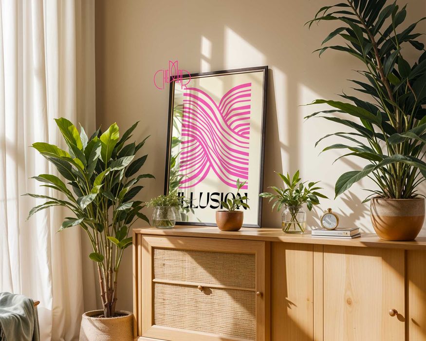 Plakat abstrakcyjne linie, różowa iluzja