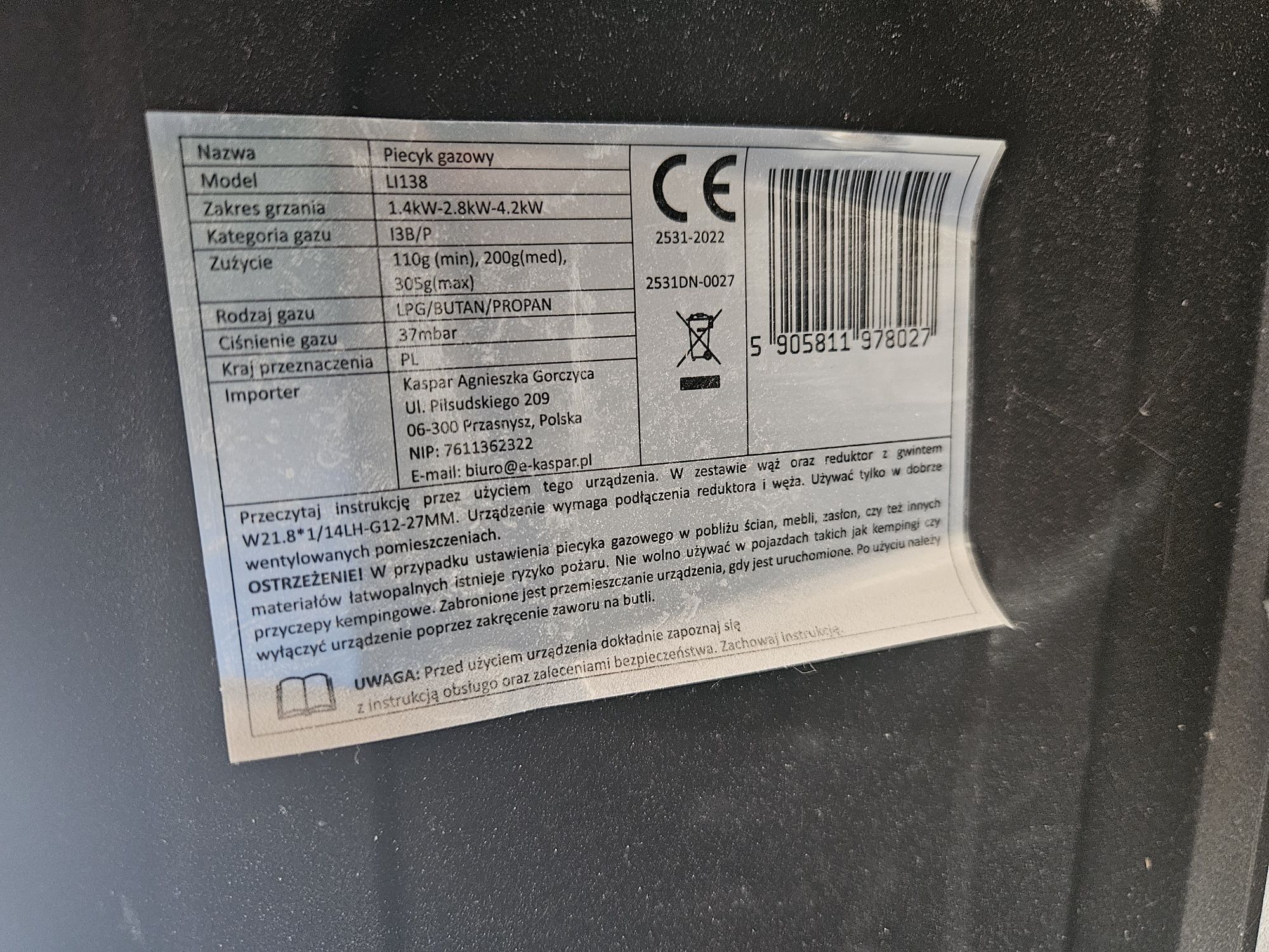 Piecyk grzejnik gazowy na butle z reduktorem 4.2kW Kaspar