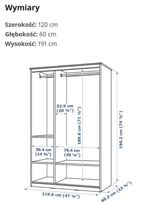 Szafa IKEA SONGESAND z lustrem 120x60x191 cm – stan bardzo dobry