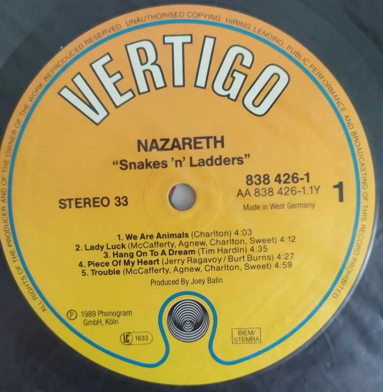 Nazareth - Snakes 'N' Ladders. EX. LP.