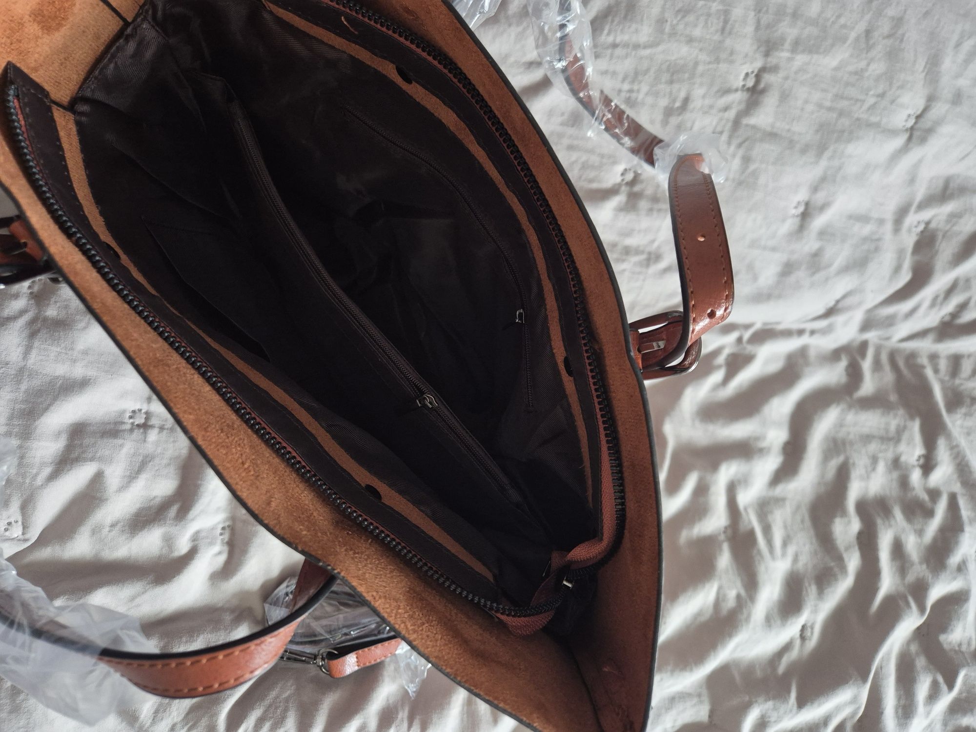 Duża torebka imitacja skóry brązowa pasek na ramię do ręki vintage