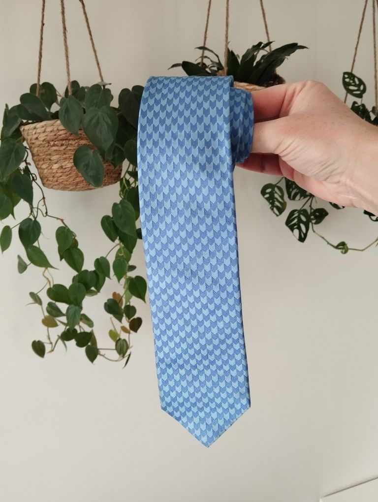 Męski jedwabny krawat 100% silk we wzorki, niebieski, 7,5 cm,