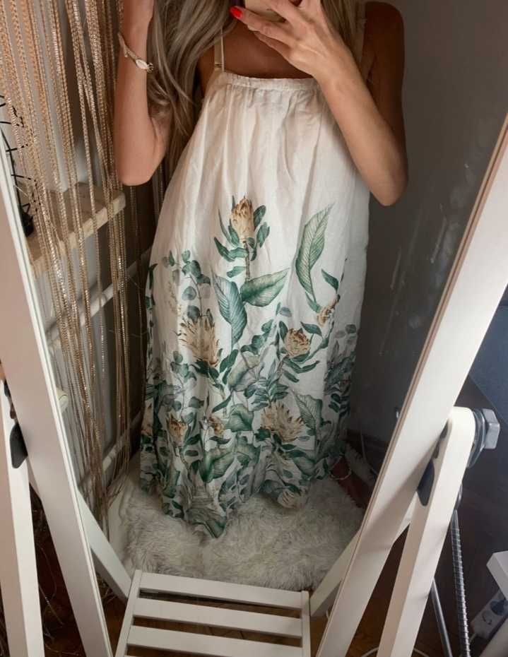 H&M dluga maxi lniano bawelnia a letnia sukienka w kwiaty boho L/XL