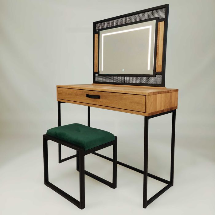 Dębowa toaletka z lustrem LED i krzesełkiem - metal - loft, industrial