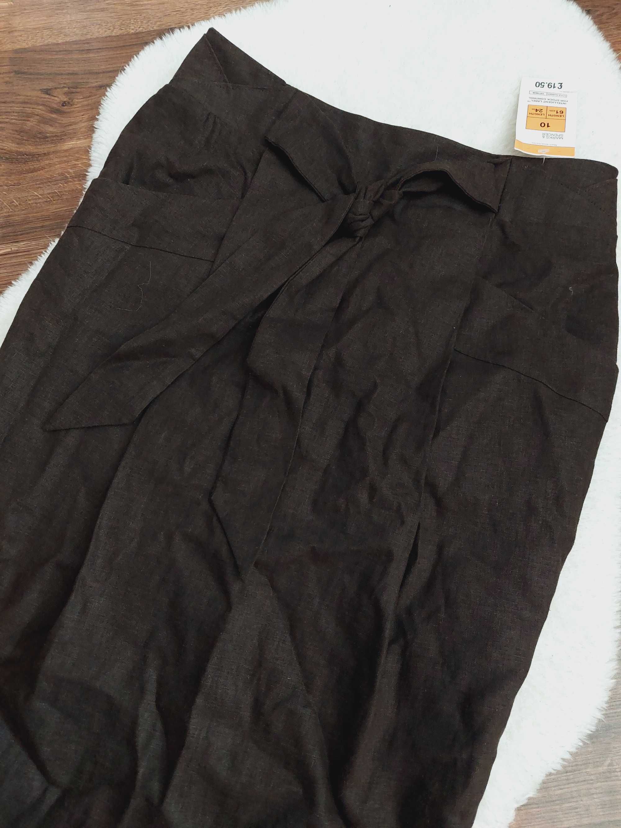 Marks spencer spódnica len wiskoza m brązowa midi biurowa z podszewką