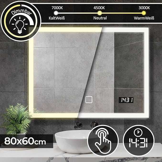 Aquamarin Lustro łazienkowe z oświetleniem LED,  A++ 80x60