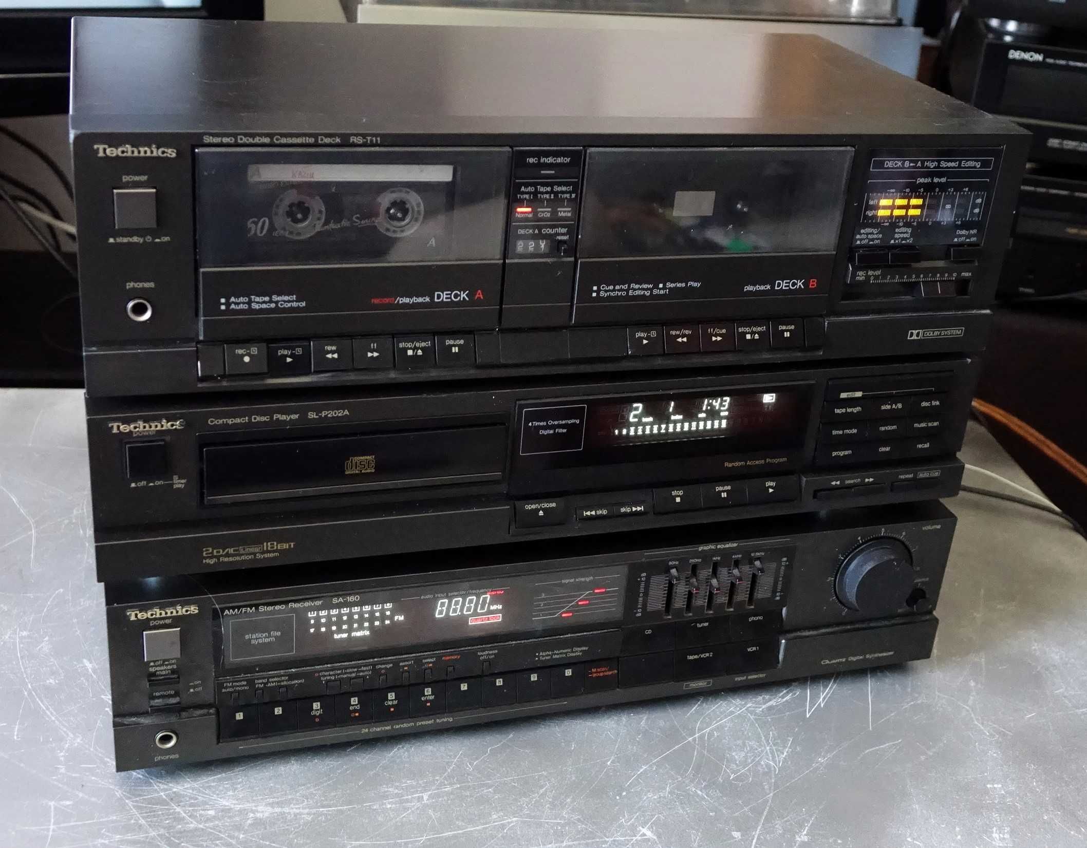 Wieża Technics -amplituner z korektorem, deck dwukasetowy i CD