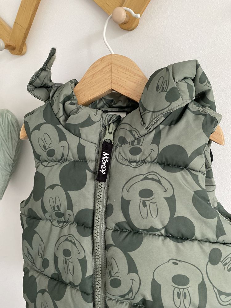 Bezrękawnik h&m 68 myszka miki pikowany zielony uszy kaptur