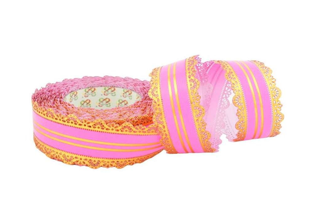 Wstążka pp "koronka" z 2 złotymi paskami 3cm/25yd MALINOWA JASNA