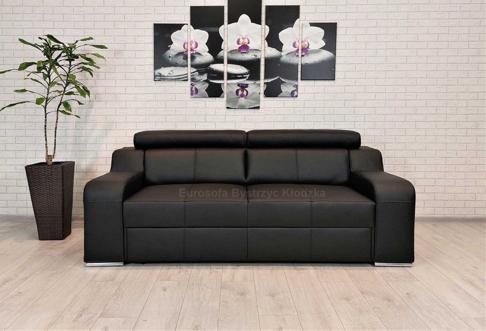 Sofa 3os skórzana, kanapa 211cm z funkcją spania, wersalka skóra natur