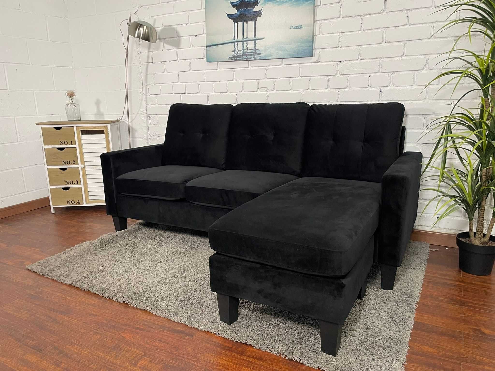 sofá chaise-longue reversível preto veludo NOVO *frete gratis*