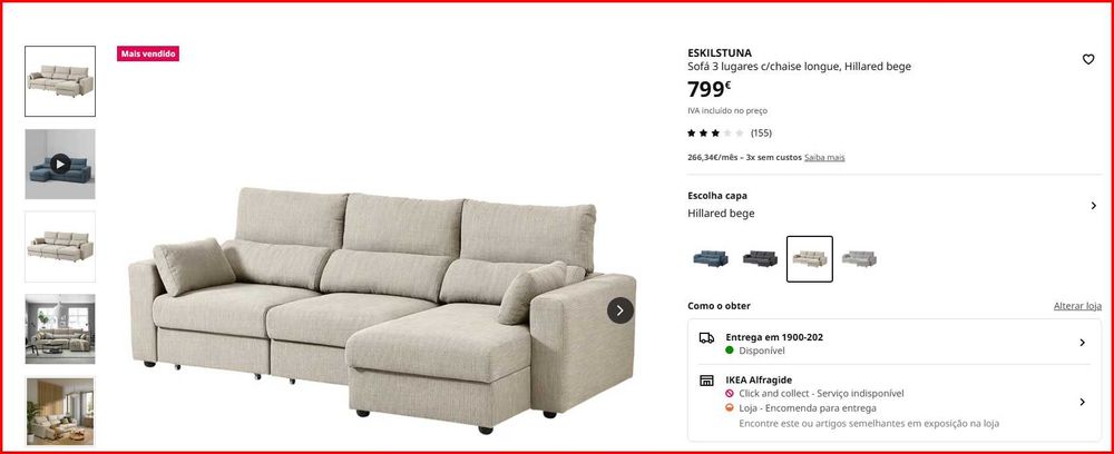 Sofá Eskilstuna IKEA 3 lugares C/chaise long bancos extensíveis c/novo