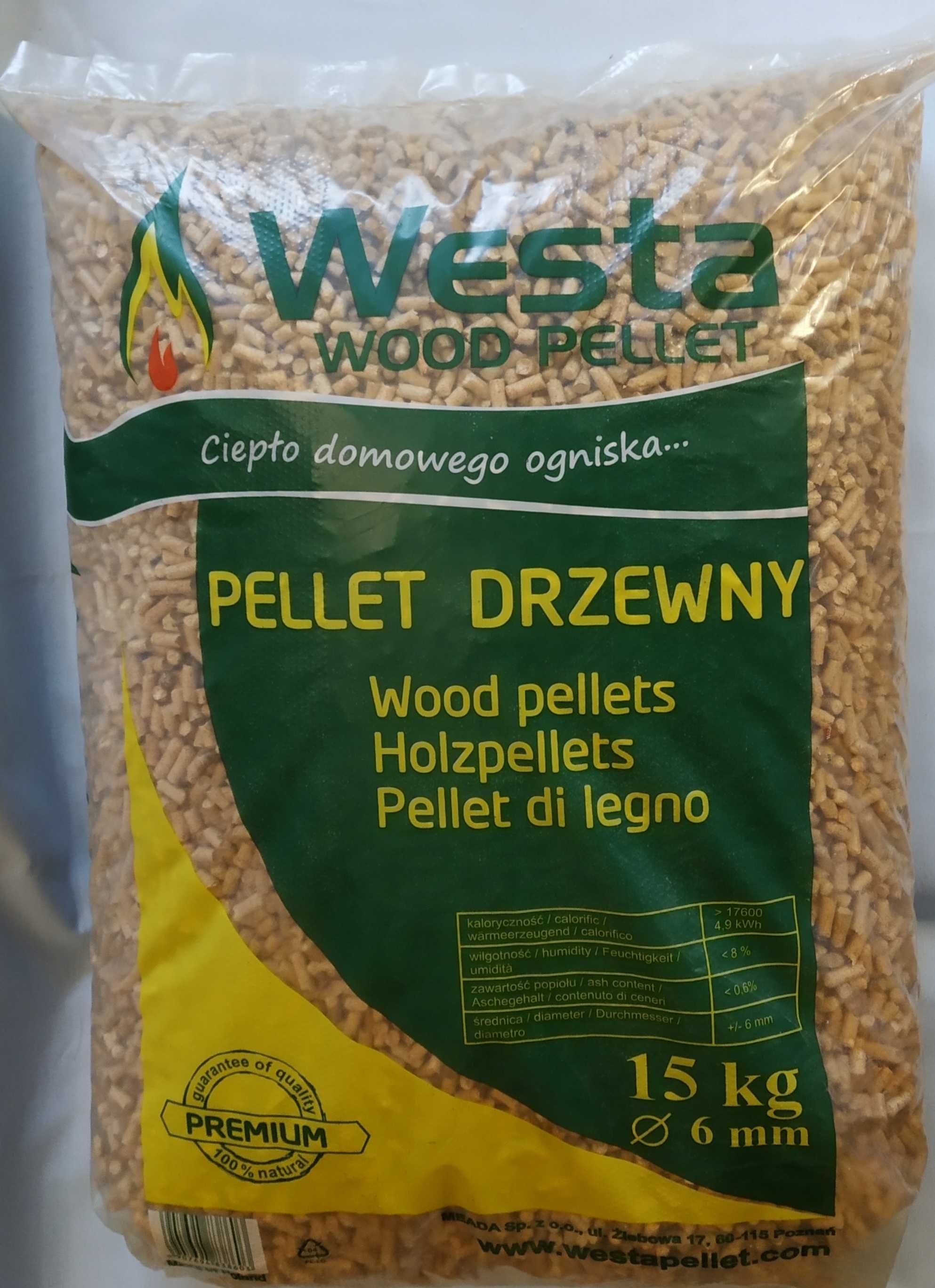 WESTA PREMIUM pellet klasy A1, 6mm 15kg. Sosnowy, jasny kolor!