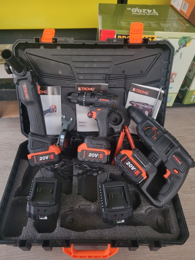 Stromo PA210SET (болгарка, перфоратор, шуруповерт, 3 АКБ, 2 ЗП)