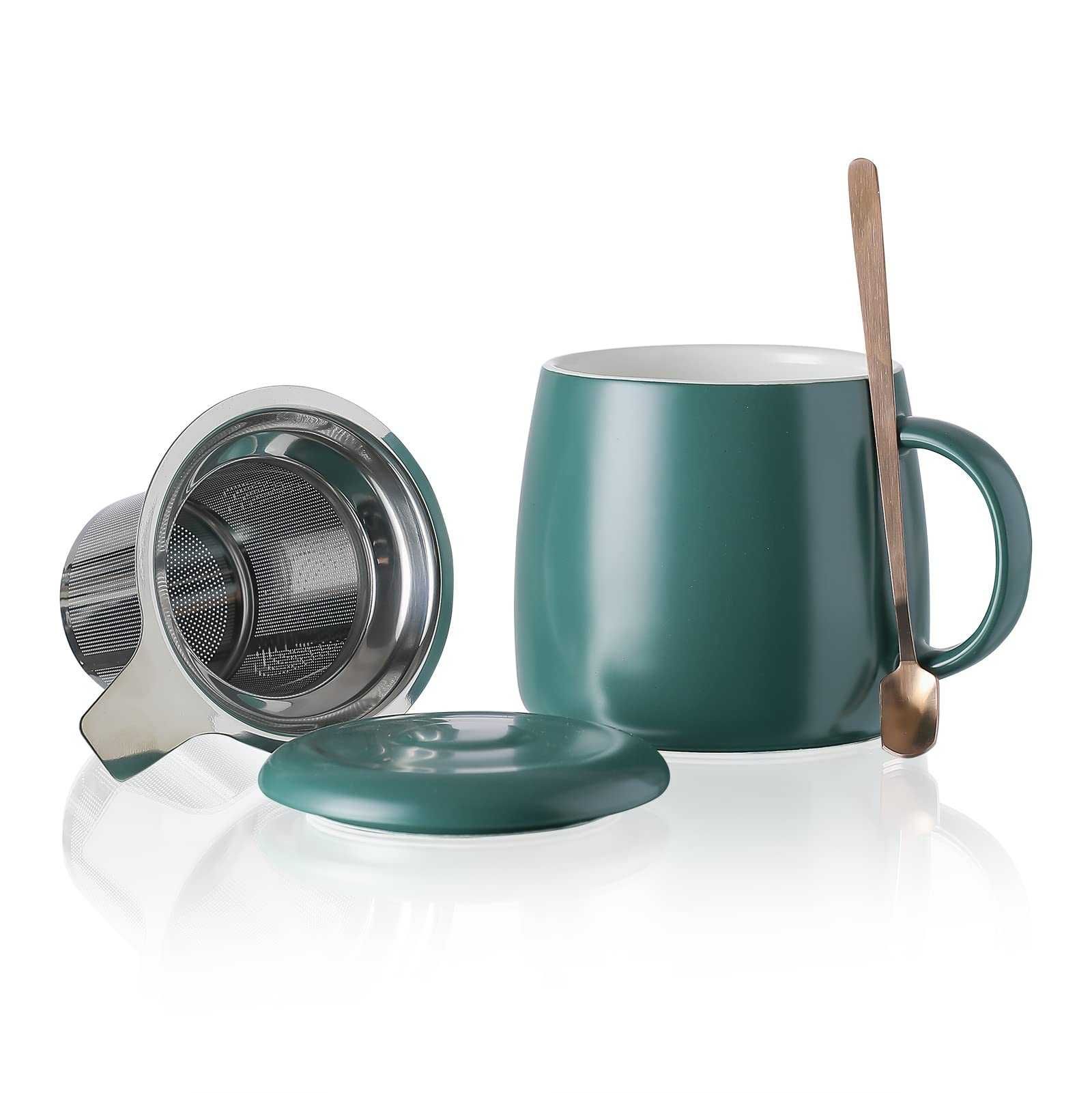 Kubek Ceramiczny do kawy, herbaty z sitkiem, pokrywką i łyżeczką 385ml