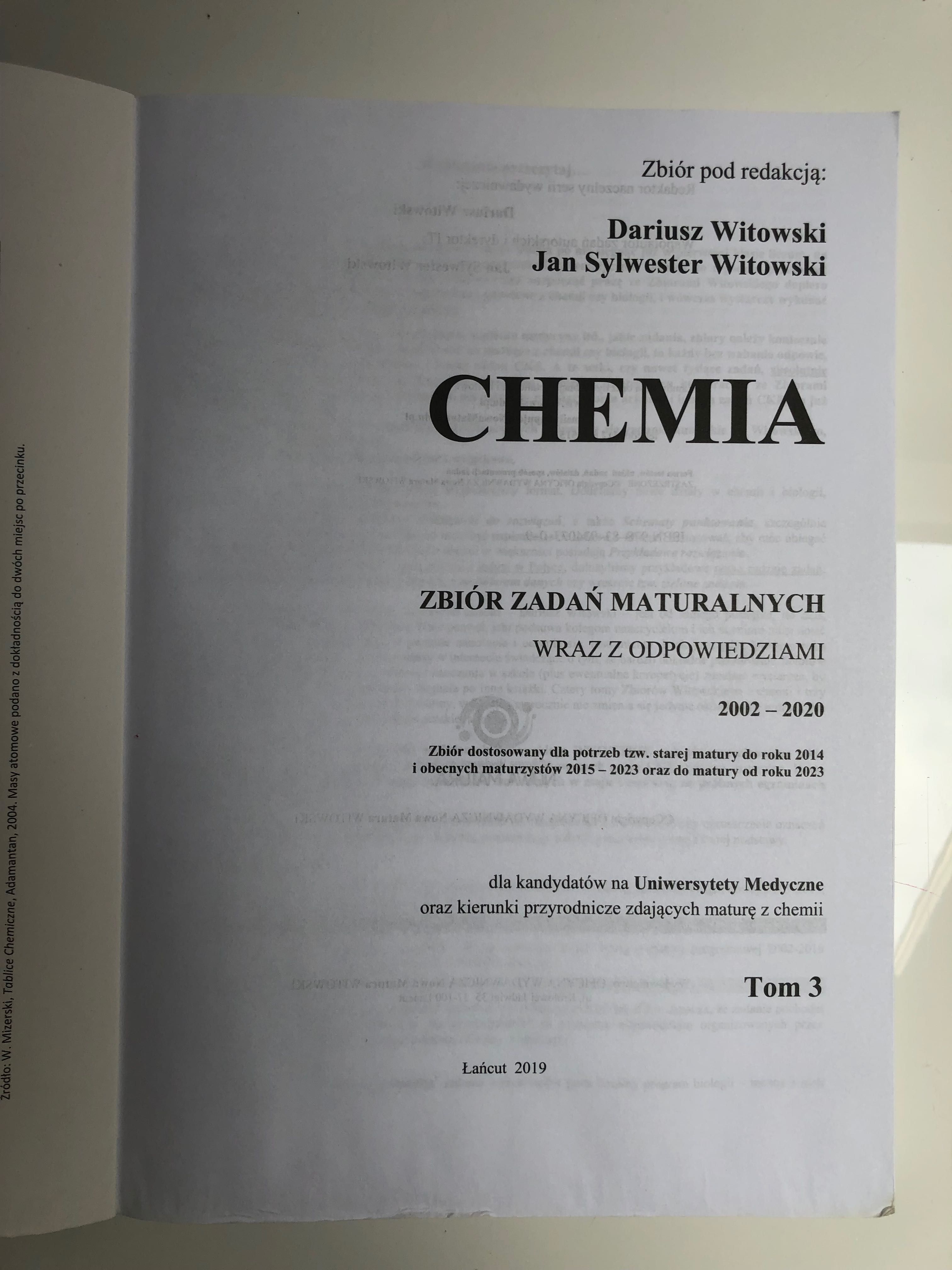 Chemia 3 zbiór zadań z odpowiedziami. Nowy Witowski 2002/2020