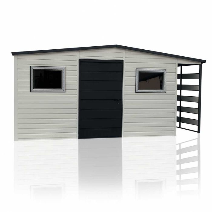Domek Ogrodowy z Wiatą 4x4m – Garaż Blaszany, Kolor Biały + Grafit