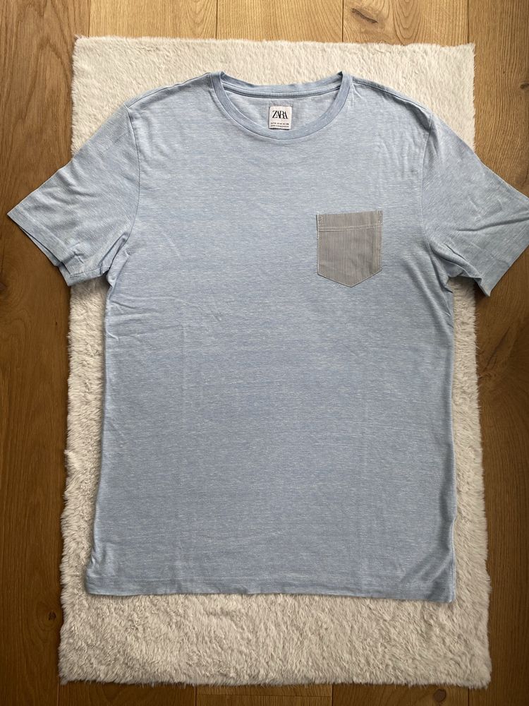Zara błękitny t-shirt koszulka z krótkim rękawem