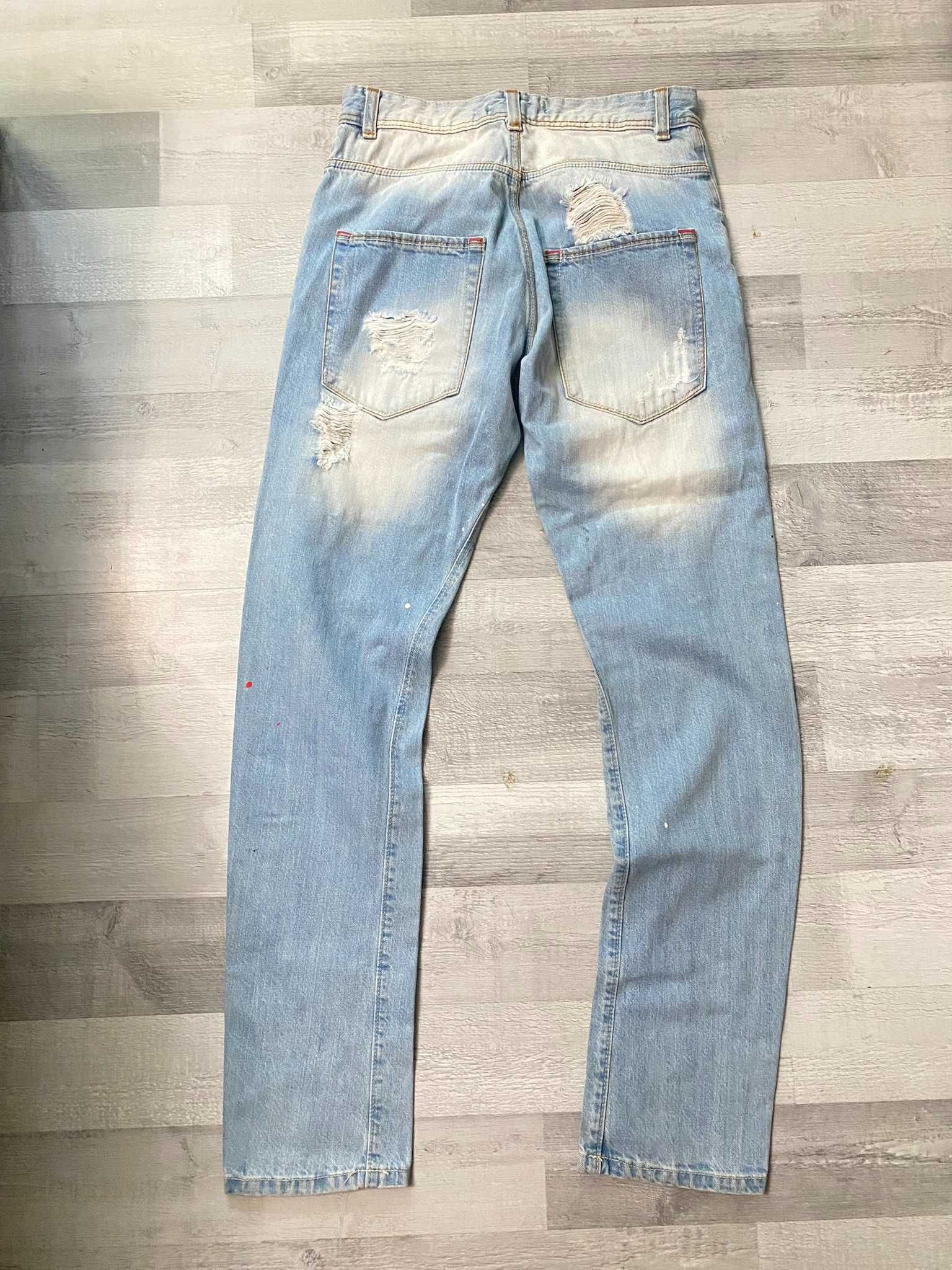 Spodnie jeansowe męskie z przetarciami dziurami proste straight M