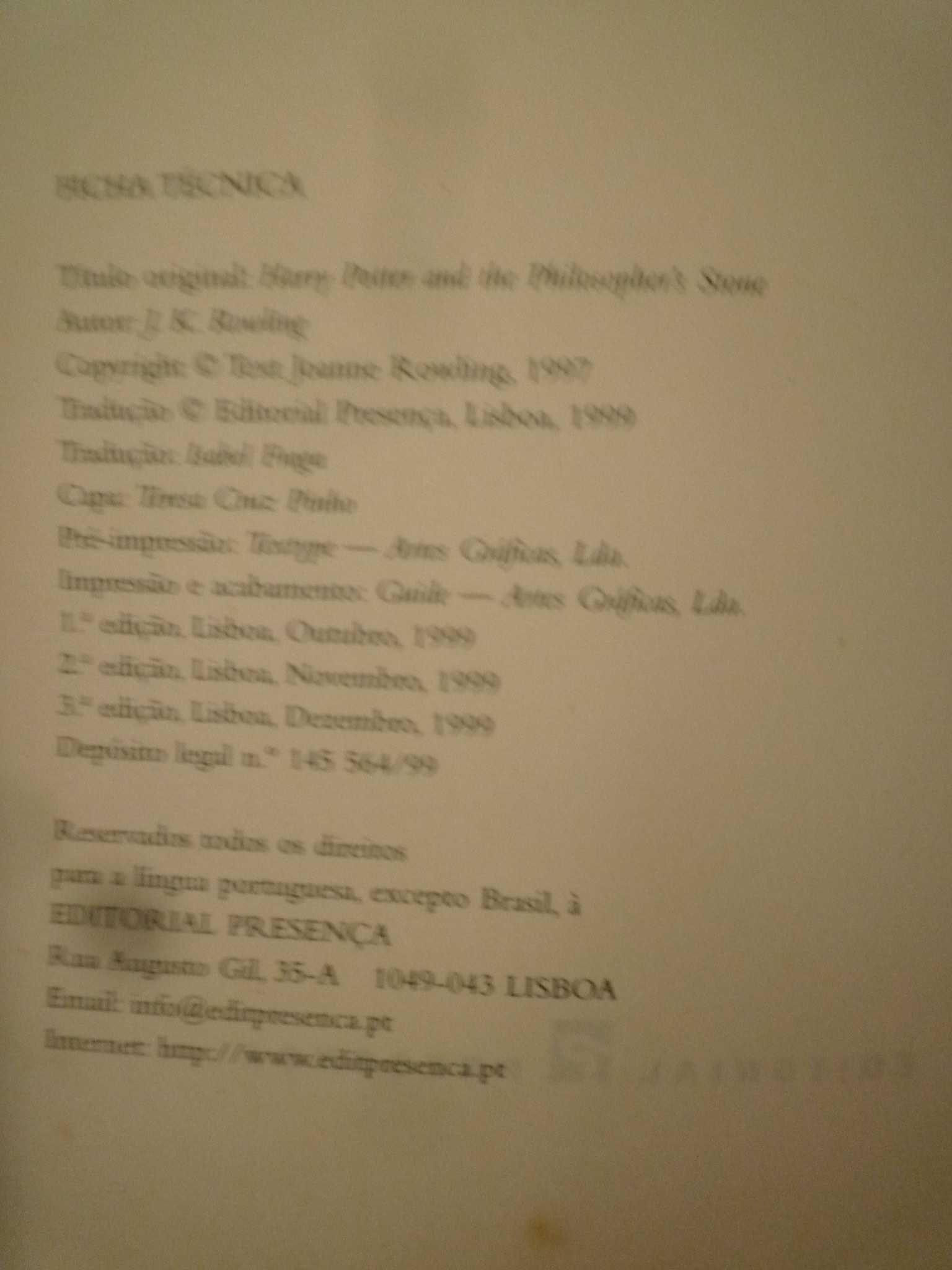 Harry Potter e a Pedra Filosofal  3ª Edição de 1999 Editorial Presença