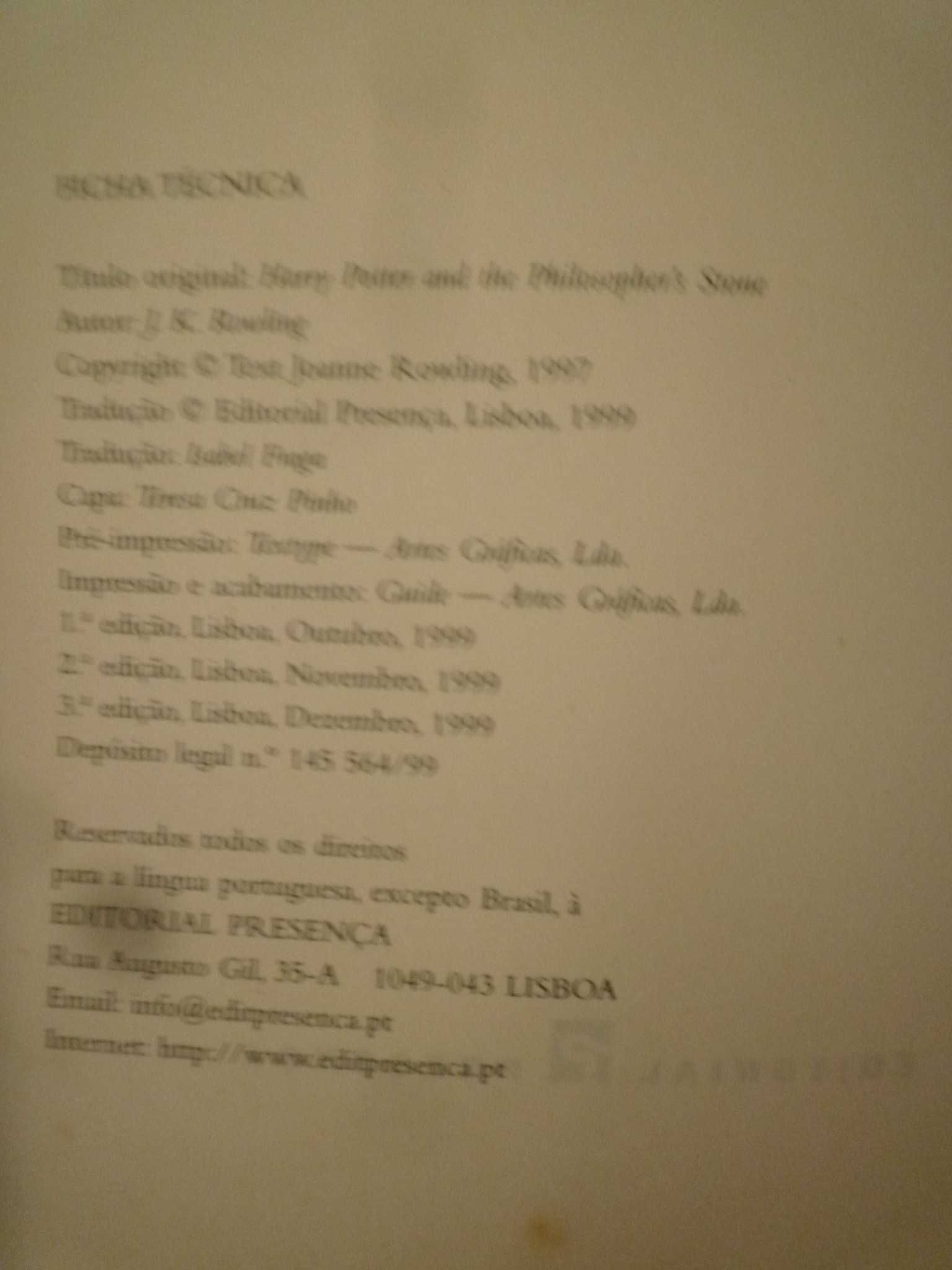 Harry Potter e a Pedra Filosofal  1ª Edição de 1999 Editorial Presença