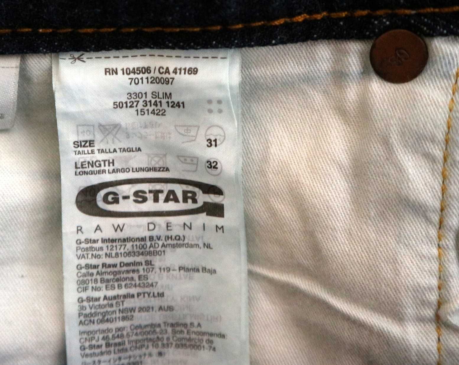 G-Star Raw 3301 Slim spodnie jeansy W31 L32 pas 2 x 40 cm