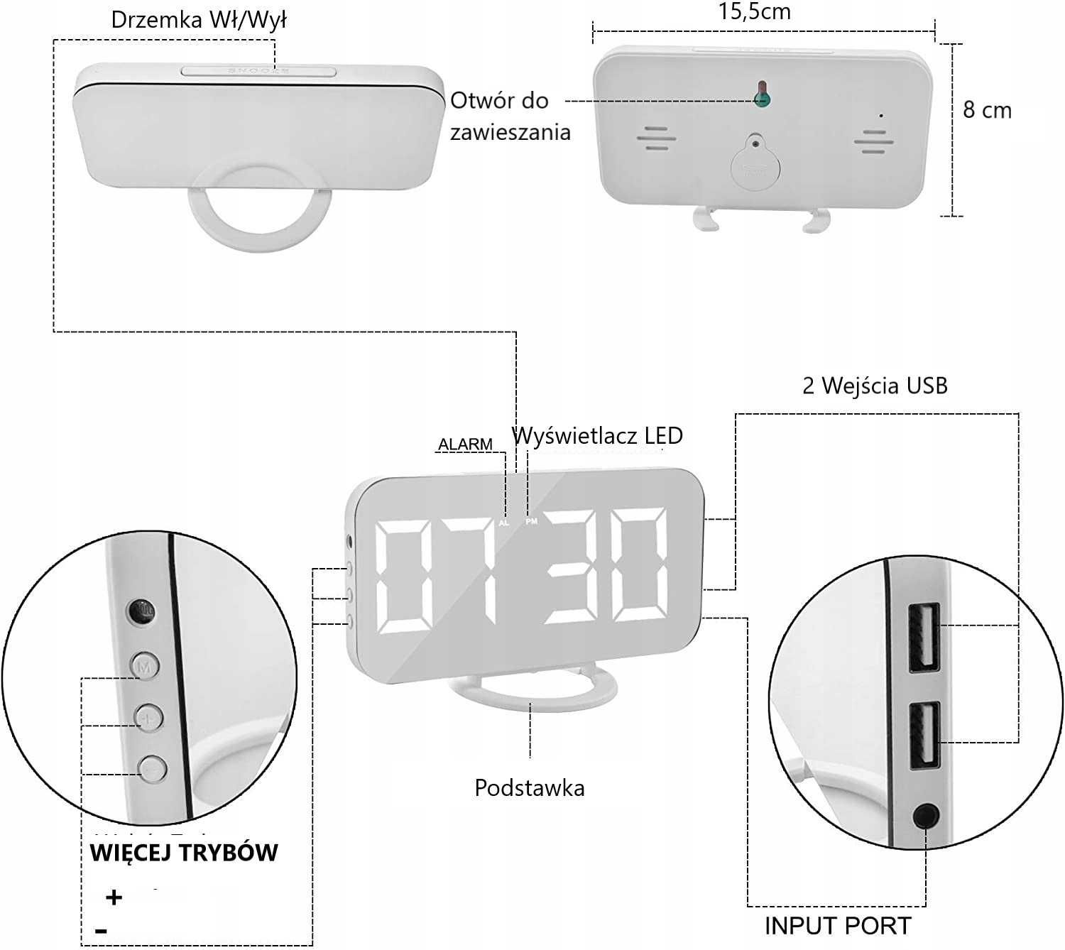 Lustrzany budzik - cyfrowy budzik, duży 6,5-calowy wyświetlacz LED